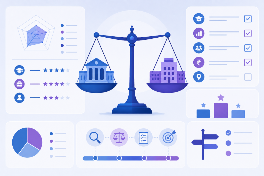 MBA college comparison concept with rankings and decision elements