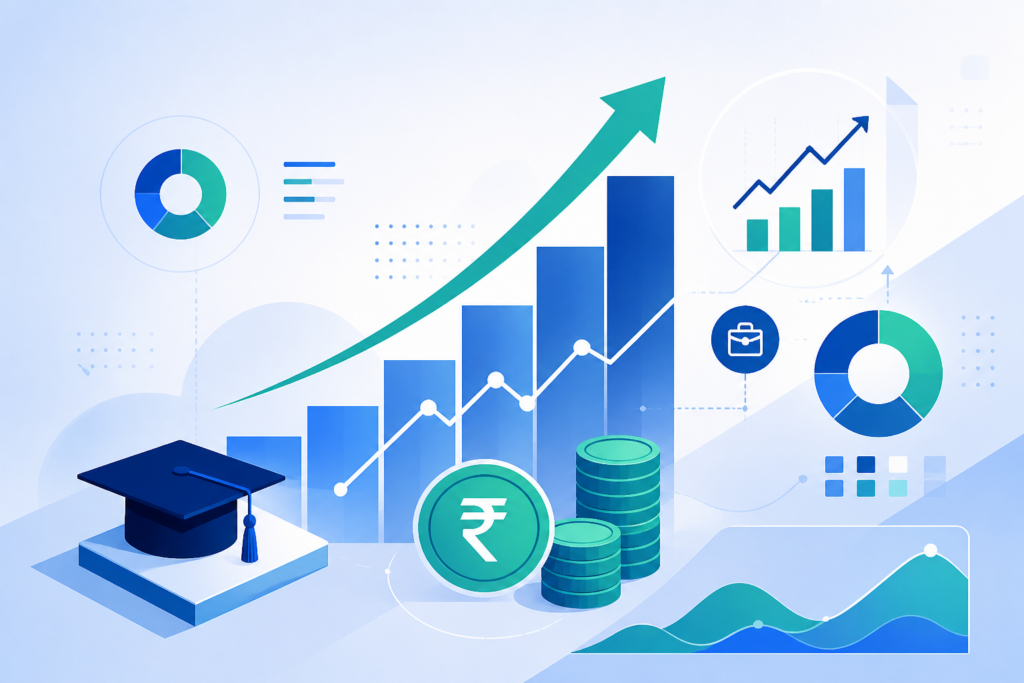 MBA placements and ROI growth visualization with charts and financial elements