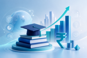 MBA colleges in India ROI concept with growth charts and business icons